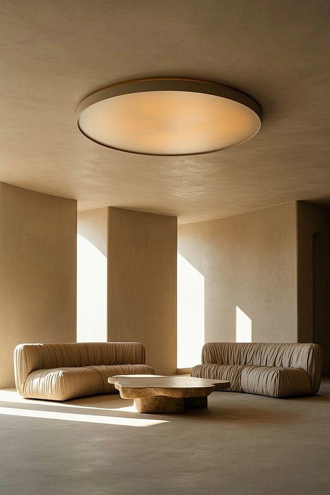 Achieve Tranquil Minimalist Living Rooms with Circular Ceiling Lights
