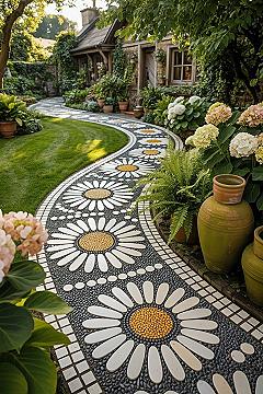 Dream Backyard Pathways Featuring Flower Pebble Mosaic Art