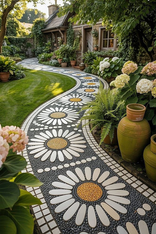 Dream Backyard Pathways Featuring Flower Pebble Mosaic Art