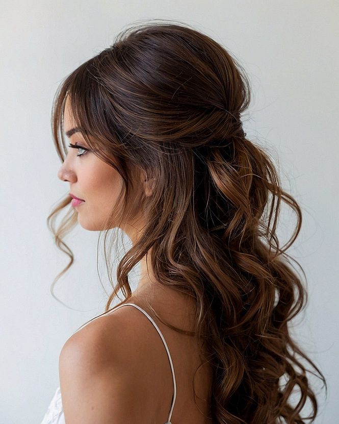 Half Up Wedding Hair with Soft Face Framing Bangs