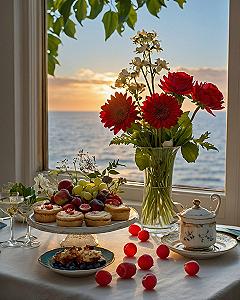 Styling Seaside Breakfast Windows with Fresh Red Blooms