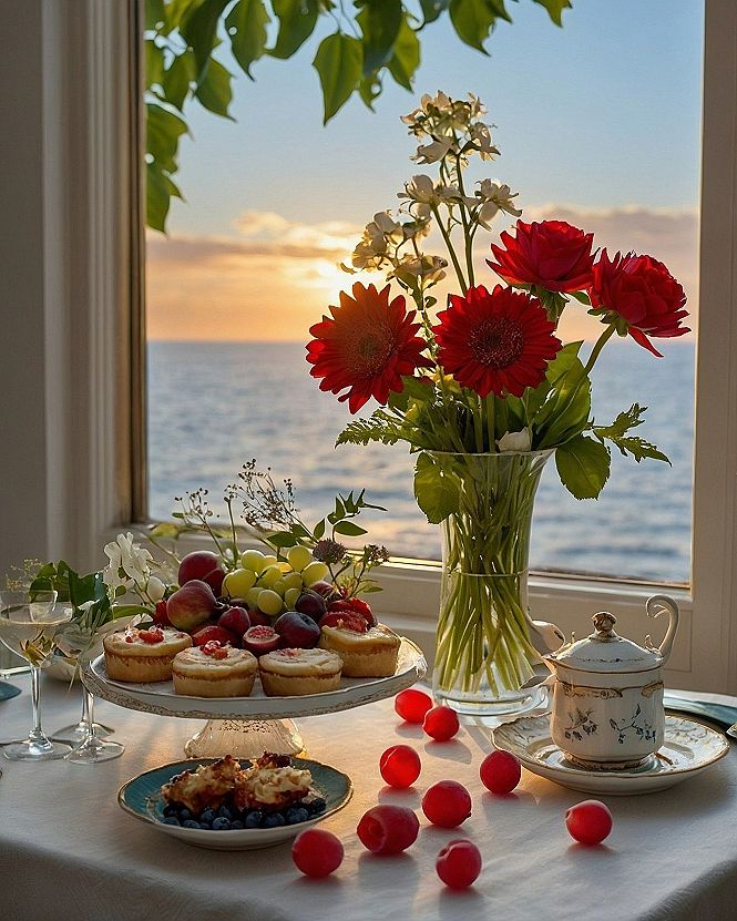 Styling Seaside Breakfast Windows with Fresh Red Blooms