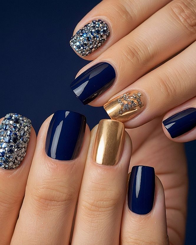 Metallic Blue And Gold Accents For Short Nails