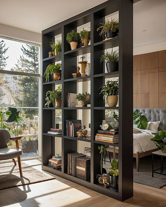 Using Open Shelving Dividers to Define Window Nooks