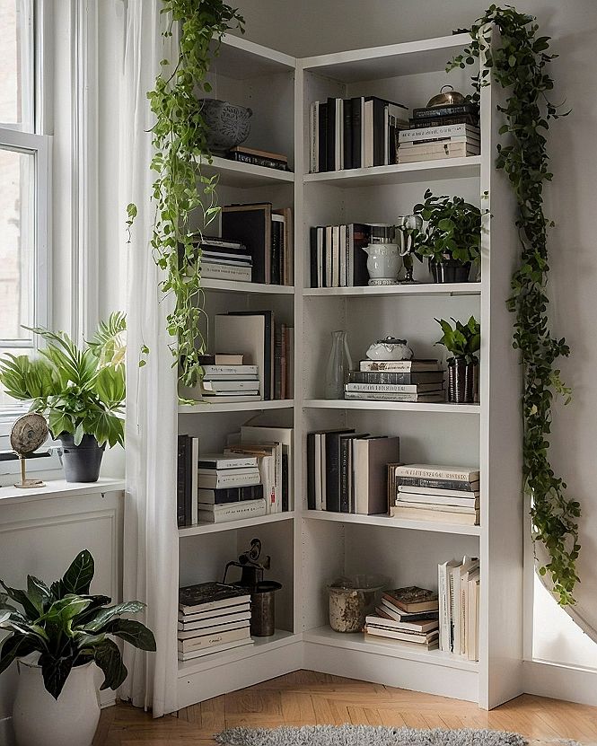Styling Corner Bookcases with Trailing Houseplants