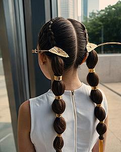 Styling Braided Pigtails with Metallic Cuff Accents