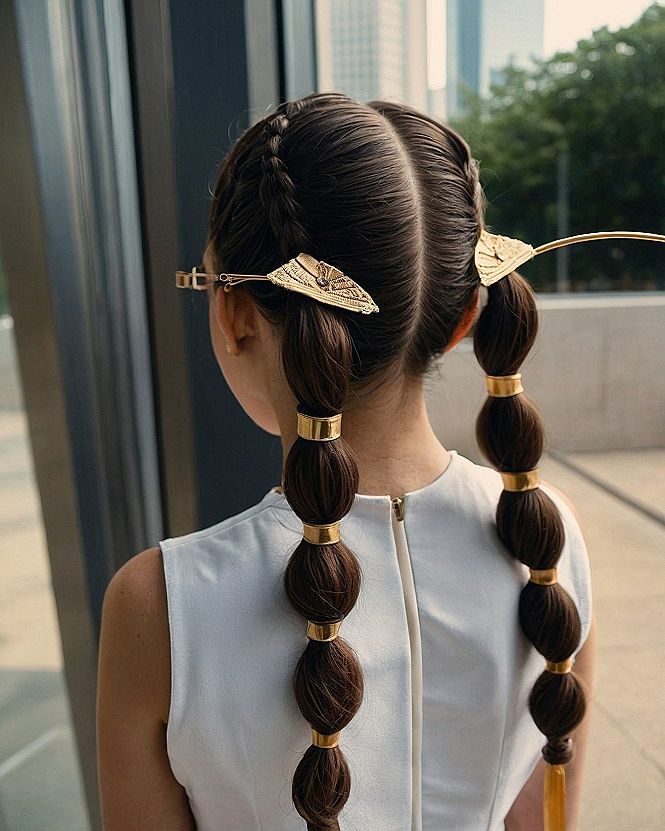 Styling Braided Pigtails with Metallic Cuff Accents