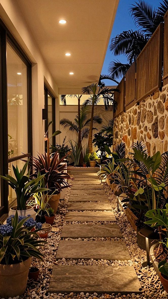 Framing Staircase Walls With Potted Plants and Pebbles