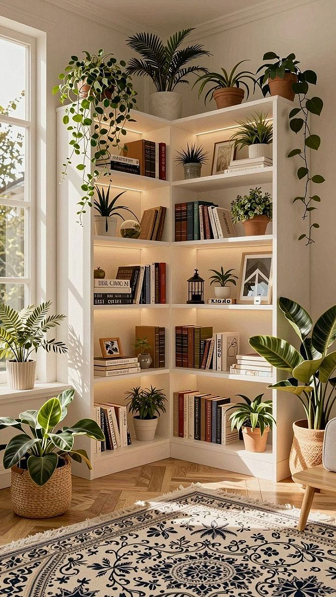 Styling Corner Shelves With Books And Potted Plants