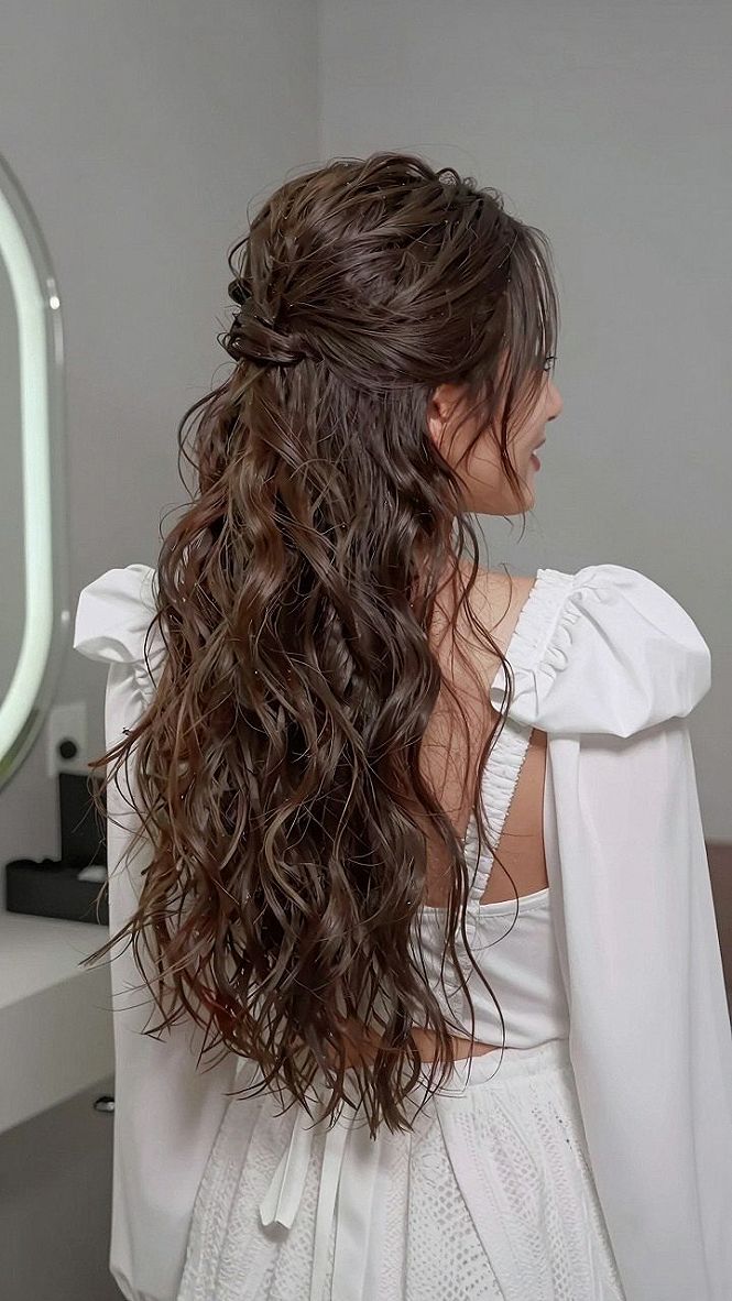 Textured Half Up Wedding Hairstyle For Long Hair