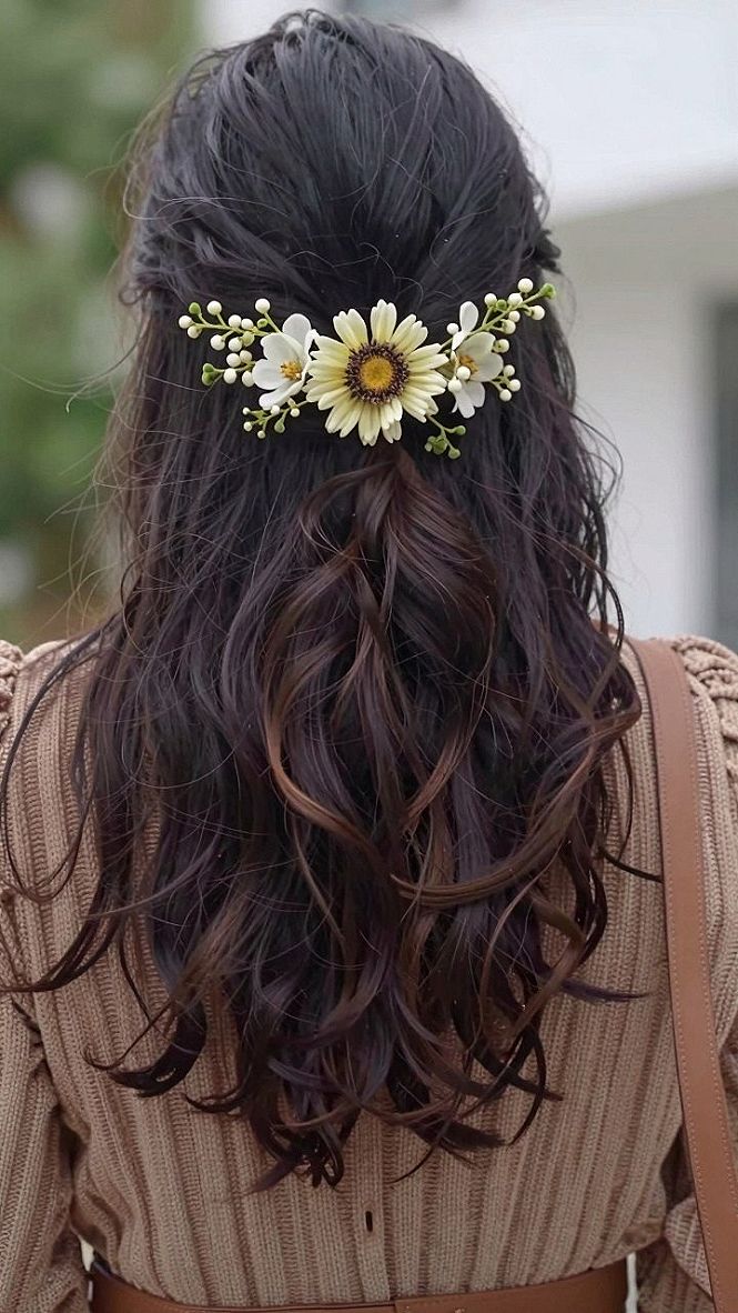 Natural Floral Accents for Loose Wavy Hair
