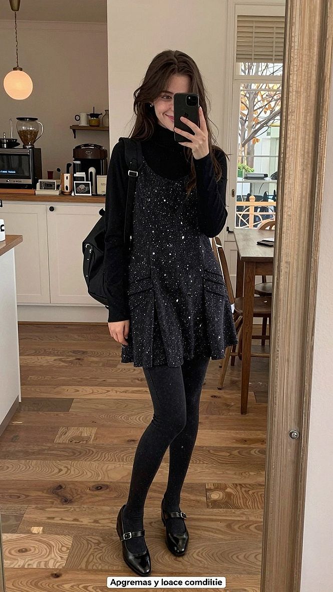 Layering a Sparkly Mini Dress Over Warm Leggings