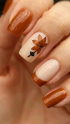 Cinnamon Brown Pedicures With Minimalist Leaf Accents