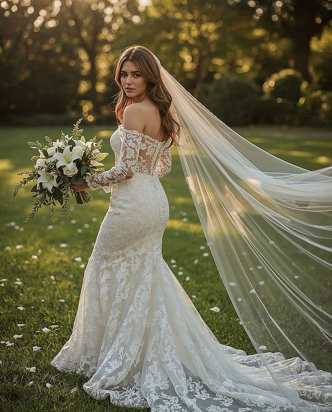Fairytale Bridal Gown with Long Sleeves and Flowing Veil
