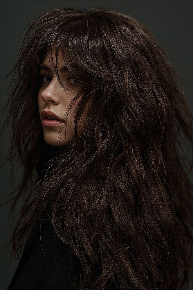 The Trending Wolf Cut: Edgy & Textured for Long Wavy Brunette Hair