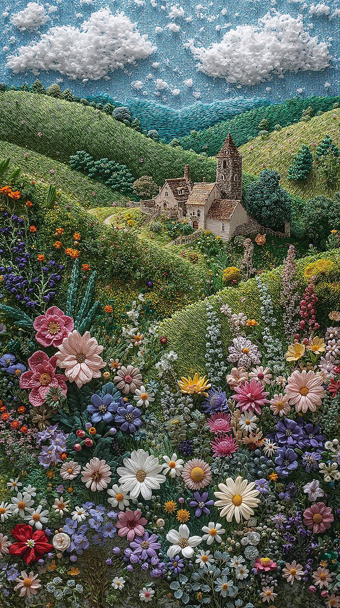 Embroidered Spring Landscape: Charming & Cute iPhone Wallpapers