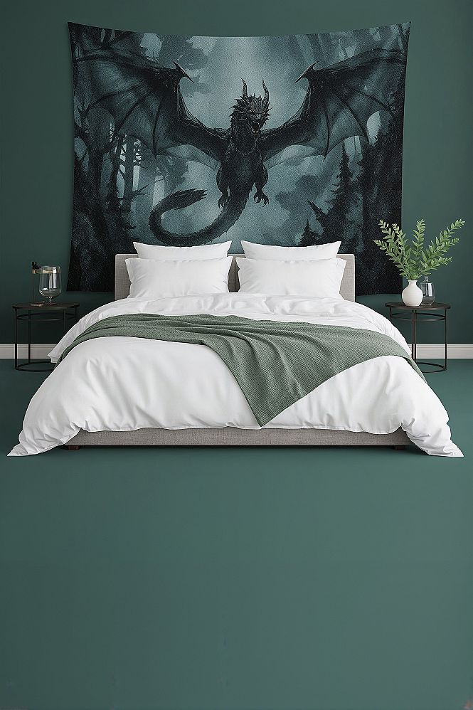 Dark Forest Dragon Tapestry: Epic Fantasy Bedroom Wall Decor