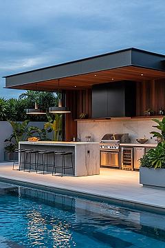 Luxury Modern Outdoor Kitchen & Bar: Poolside Landscape Design