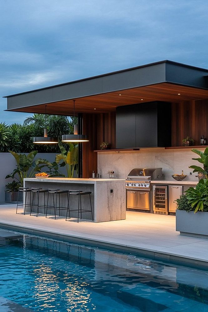 Luxury Modern Outdoor Kitchen & Bar: Poolside Landscape Design