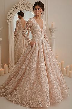 Dreamy Rosegold Ball Gown with Floral Lace and Tulle Sleeves