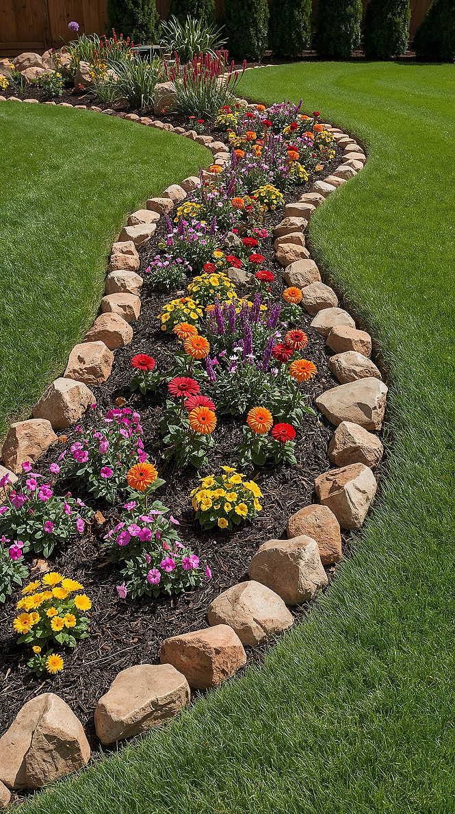 Vibrant Rock Edging Garden Ideas for Colorful Flower Beds
