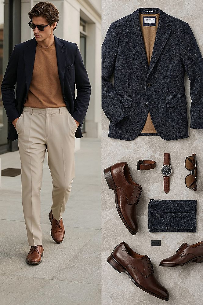 The 5-Piece Power Outfit: Navy Blazer & Camel for Modern Men