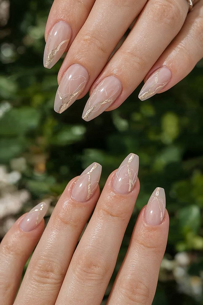 Dreamy Nude & Gold Swirl Nails for a Chic Look