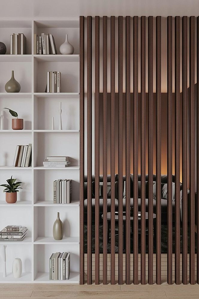 Small Space Solutions: Black & Wood Room Partition with Integrated Storage