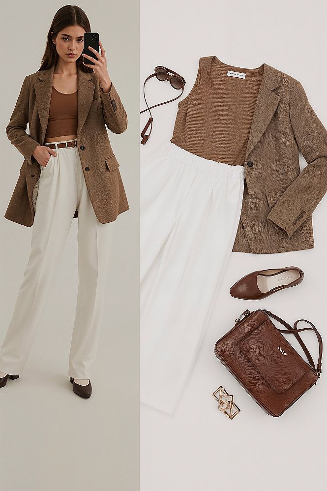 Elegant Work Outfits: Brown Blazer & White Pants Power Combination