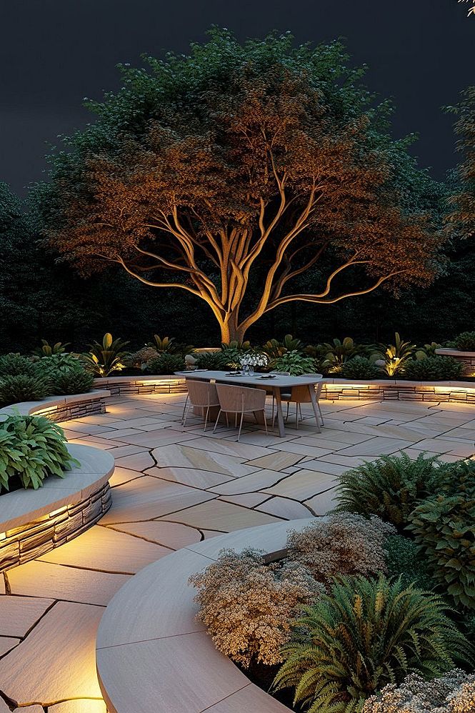 Transform Your Patio: Stunning Backyard Landscaping with Stone & Light