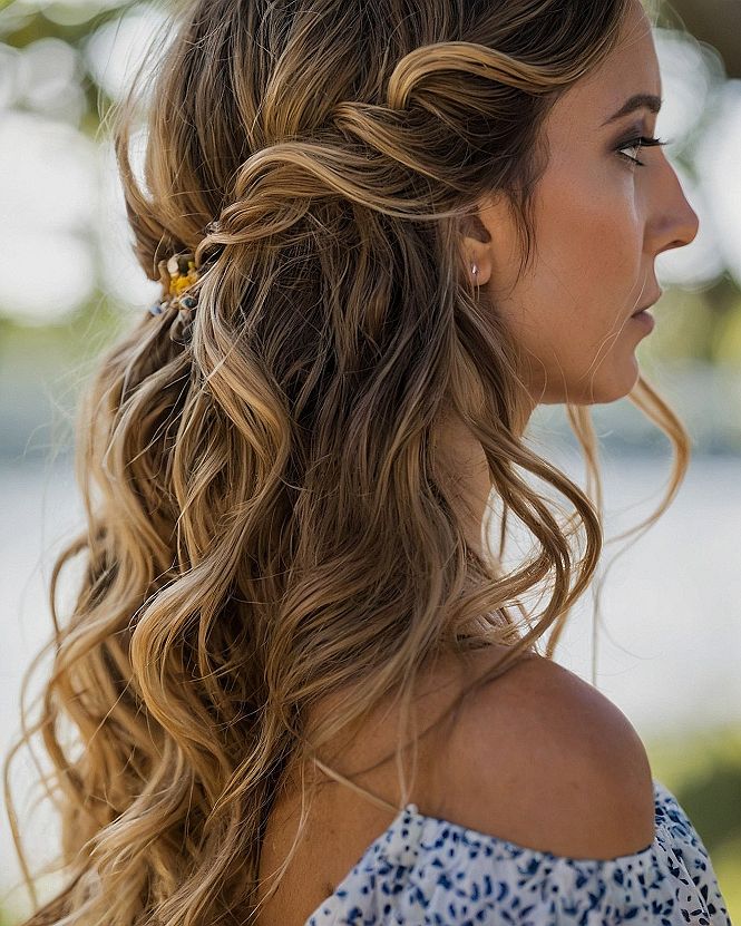 Braided Half Up Wedding Hairstyle With A Hanging Floral Gem