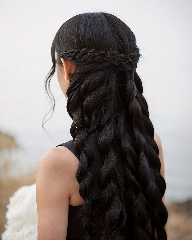 Twisted Half Up Hairstyle With Deep Brown Waves