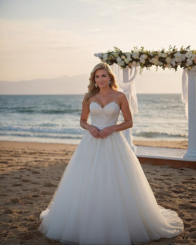 Embracing a Sweetheart Neckline on an Ivory Bridal Gown
