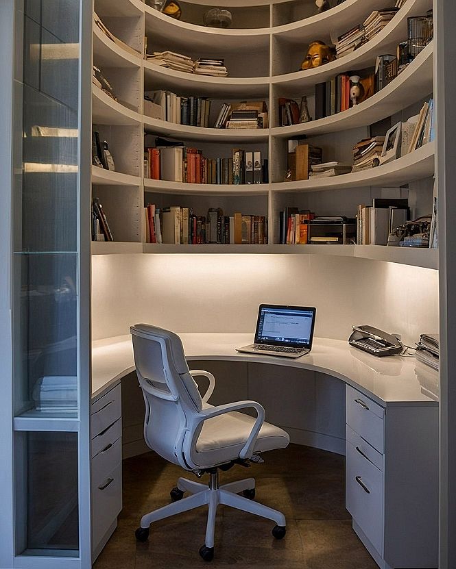 Curved Desk and Shelving Layouts for Small Home Offices