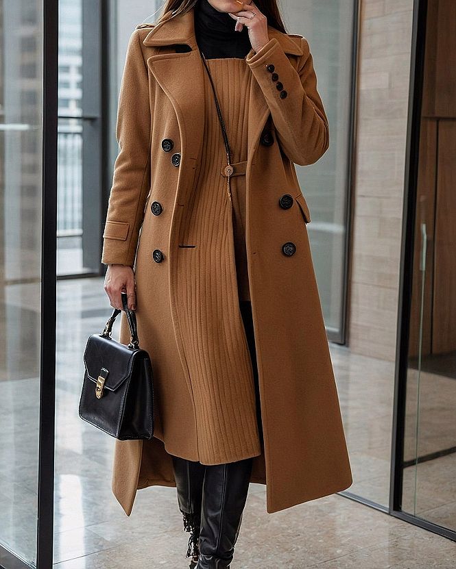 Pairing Wool Overcoats With Ribbed Knit Dresses for the Office