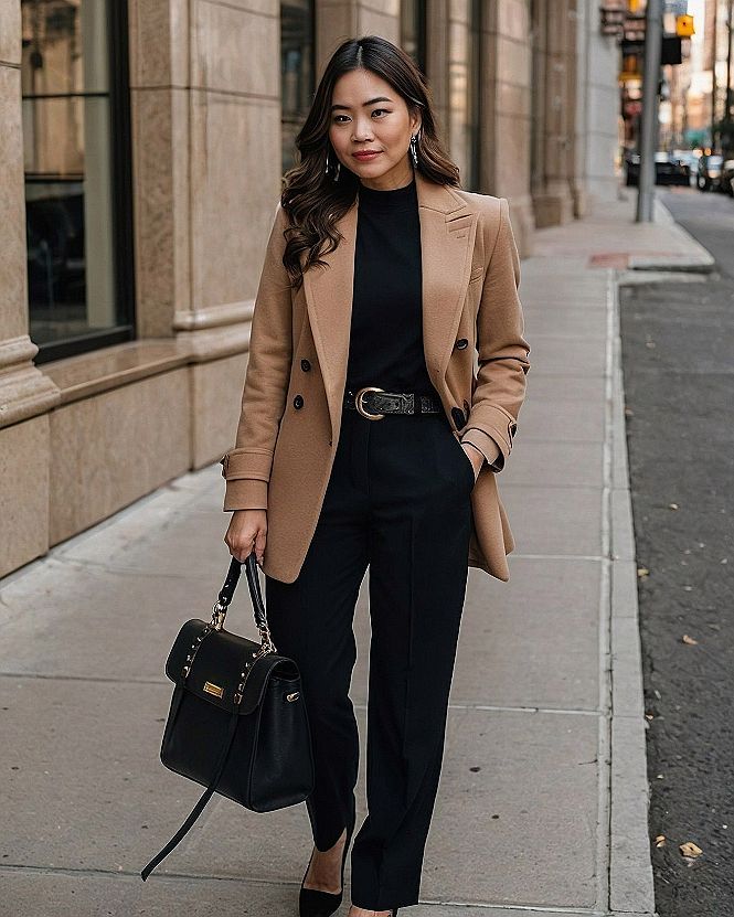Layering a Beige Coat Over Dark Office Staples