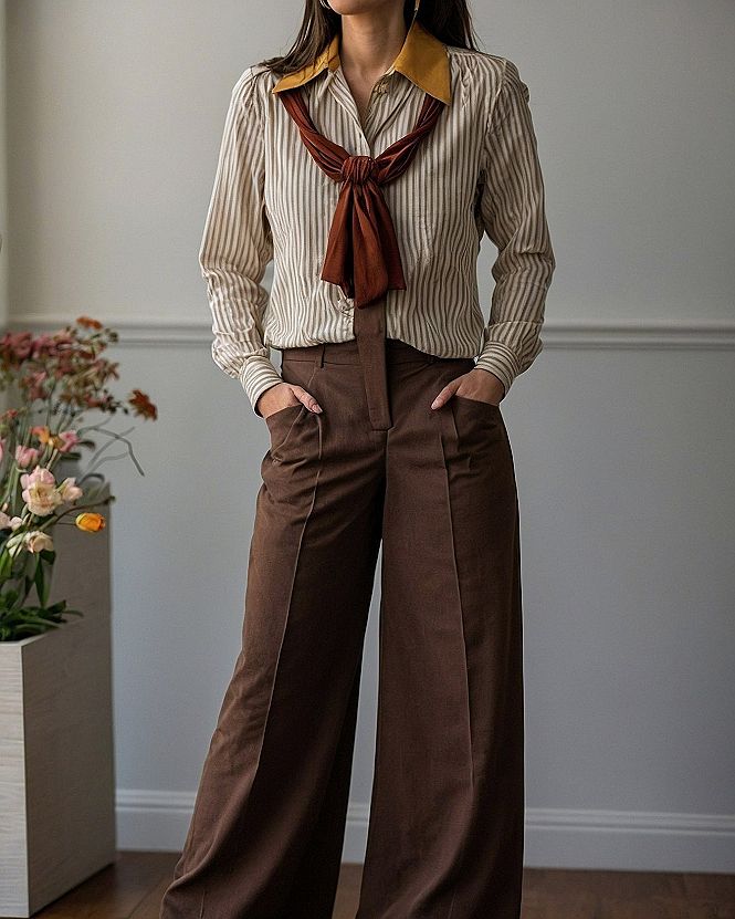 Layering Striped Button-Down Shirts With Wide-Leg Trousers