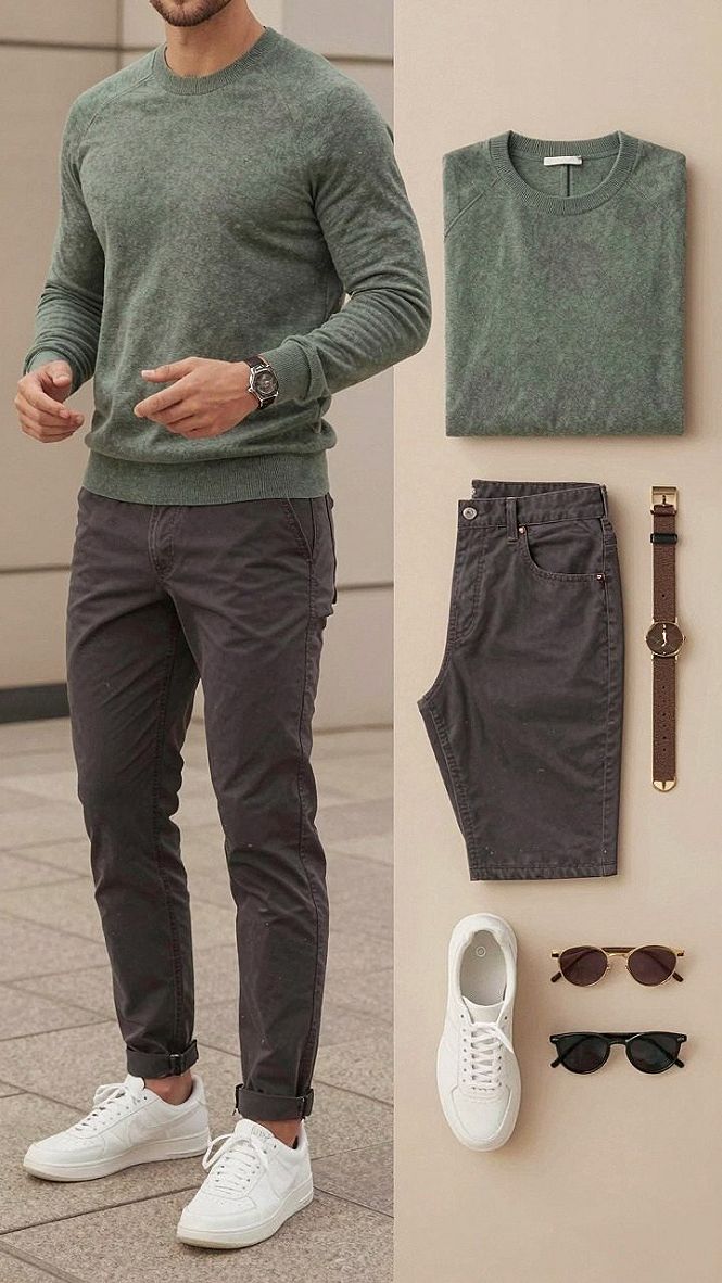 Styling A Green Crewneck Sweater With Dark Trousers