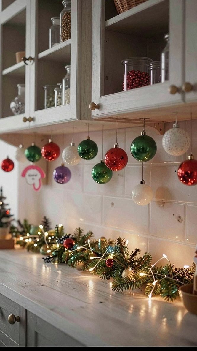 Hanging Festive Ornaments Beneath Kitchen Cabinets