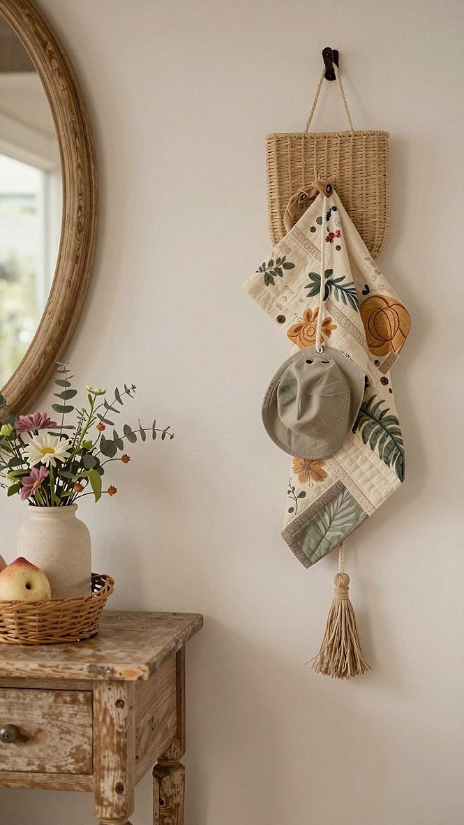 Hanging Woven Baskets and Linens for Cottage Kitchen Storage