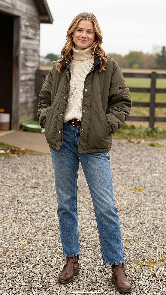 Layering an Olive Barn Jacket With a Turtleneck Sweater