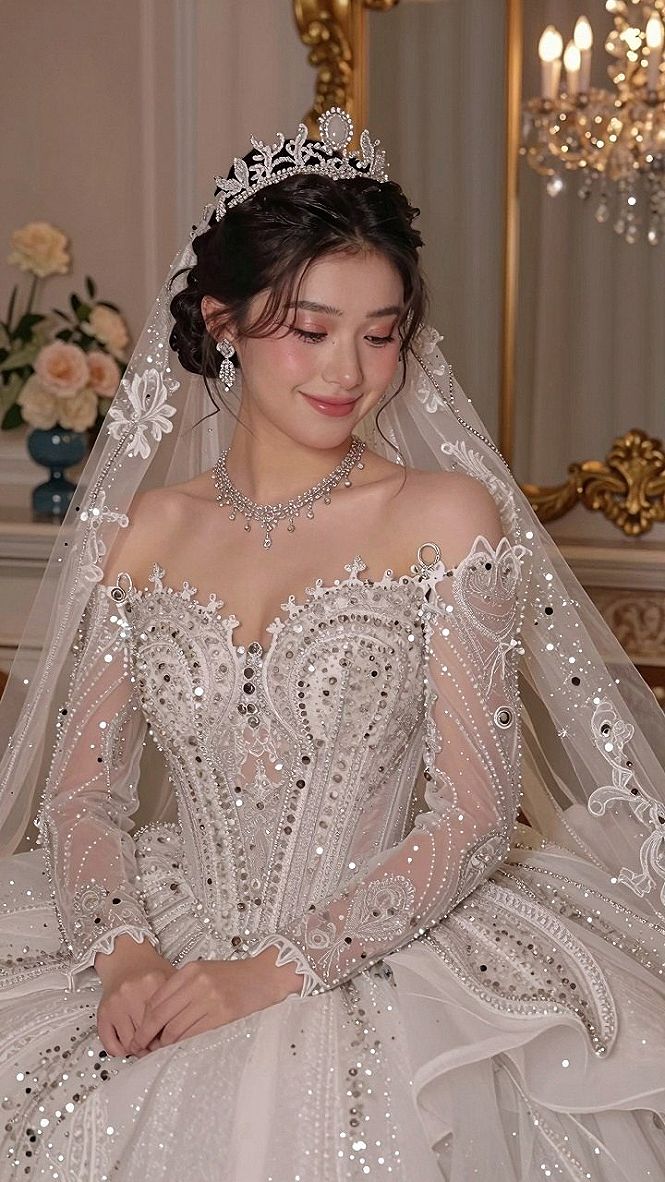 Adding a Sparkling Crown to Your Mermaid Wedding Dress Train Style