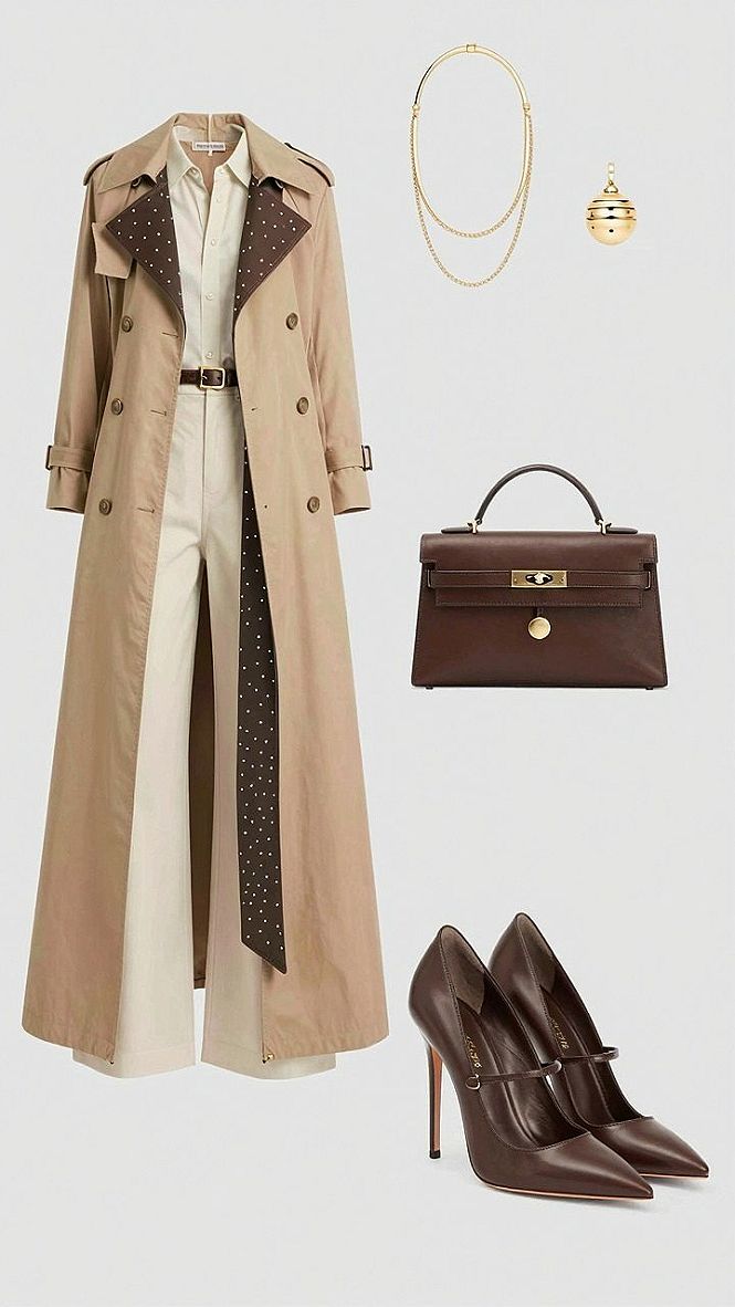 Pairing A Polka Dot Trench Coat With Cream Trousers