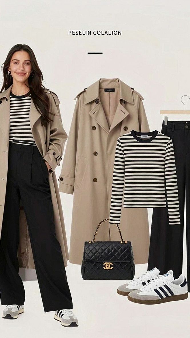 Mixing a Trench Coat with Black Trousers and Stripes