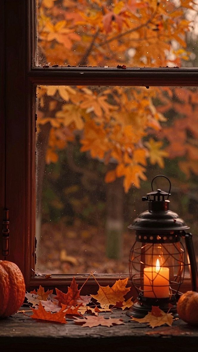 Setting a Cozy Window View with Candlelight and Leaves