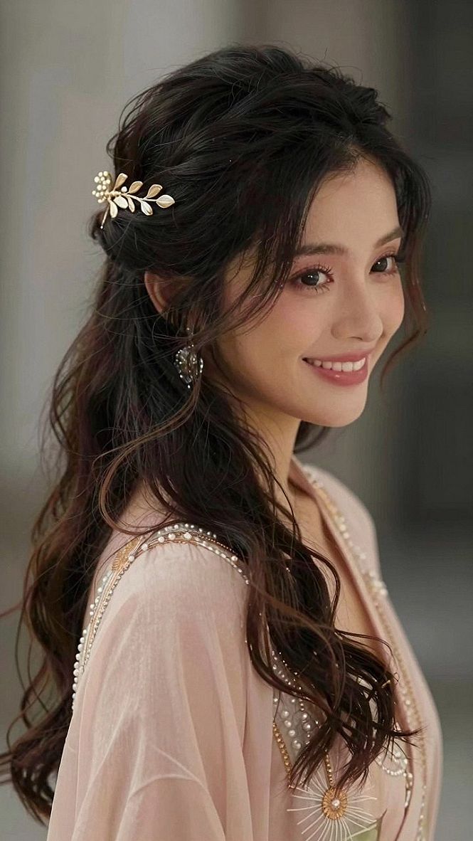Adding A Delicate Gold Leaf Pin To Your Long Wedding Hairstyle