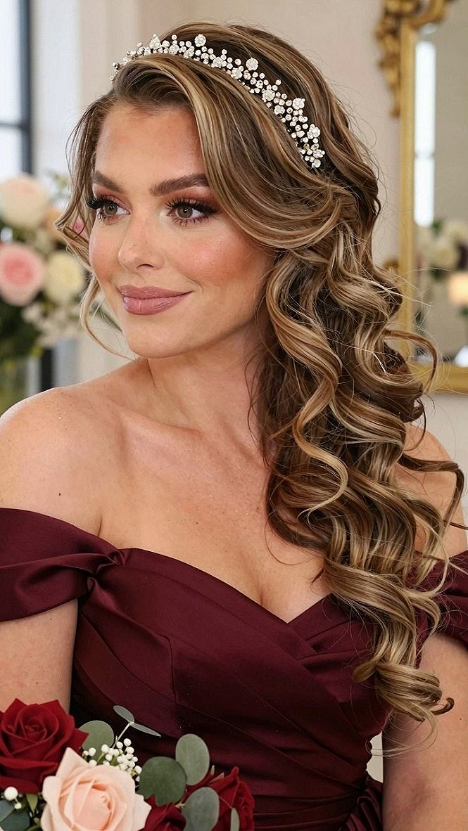 Adorning Side Swept Bridal Curls With a Crystal Headband