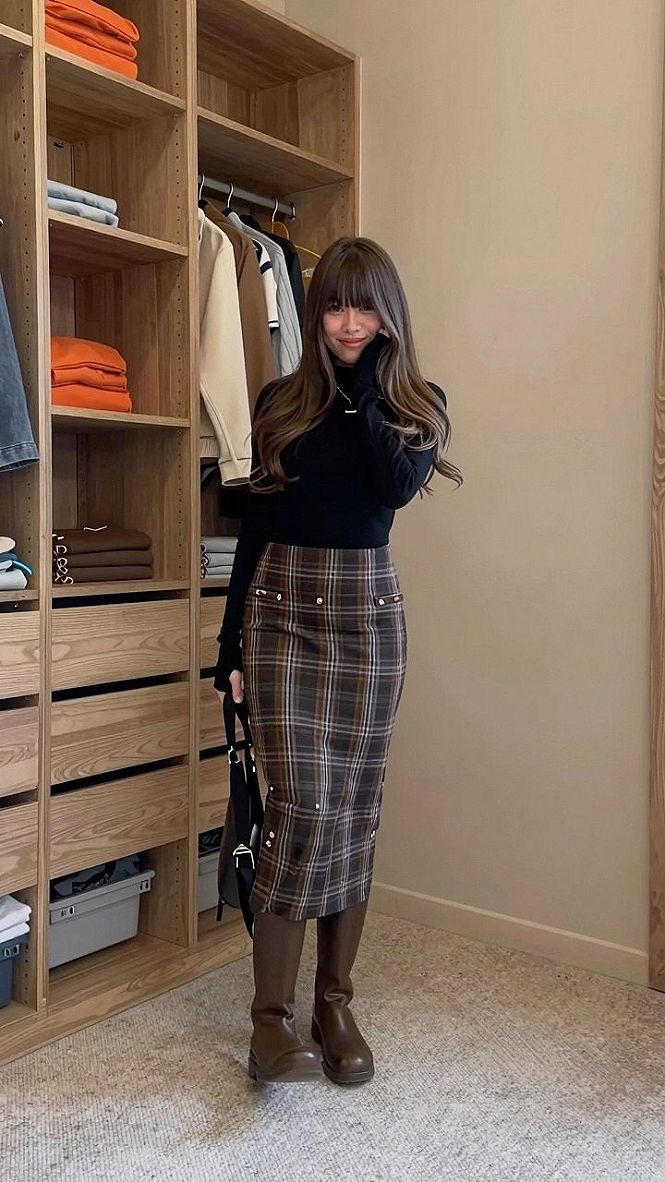 Styling a Plaid Midi Skirt With Tall Boots