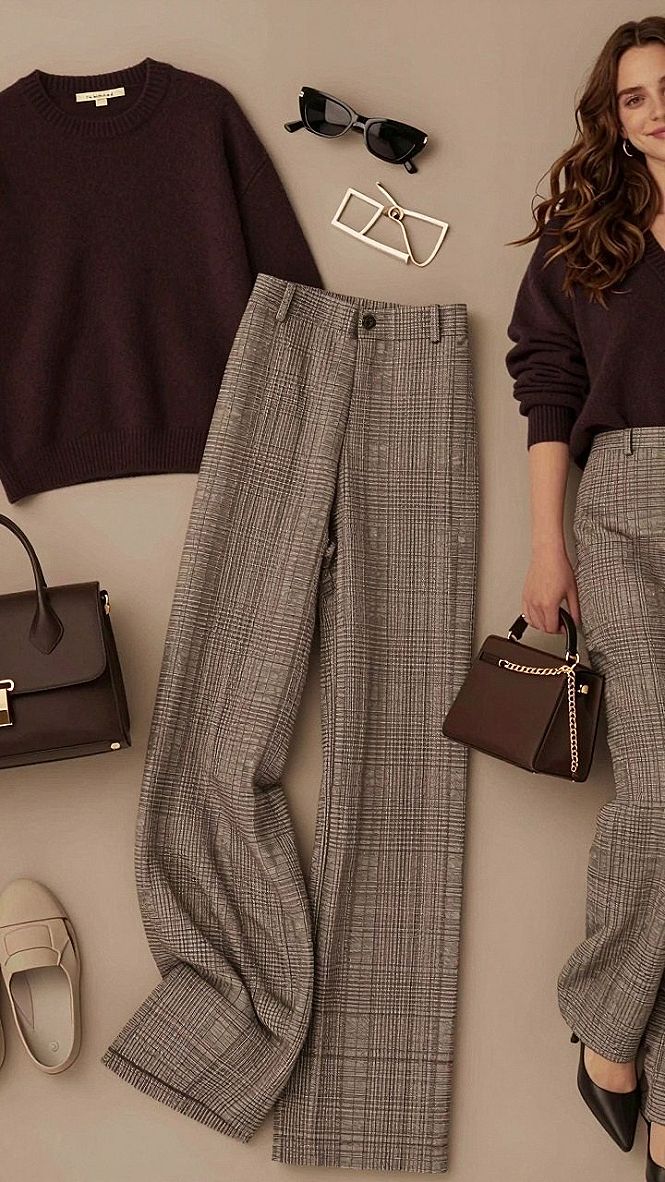 Mixing Plaid Trousers With Deep Plum Sweaters