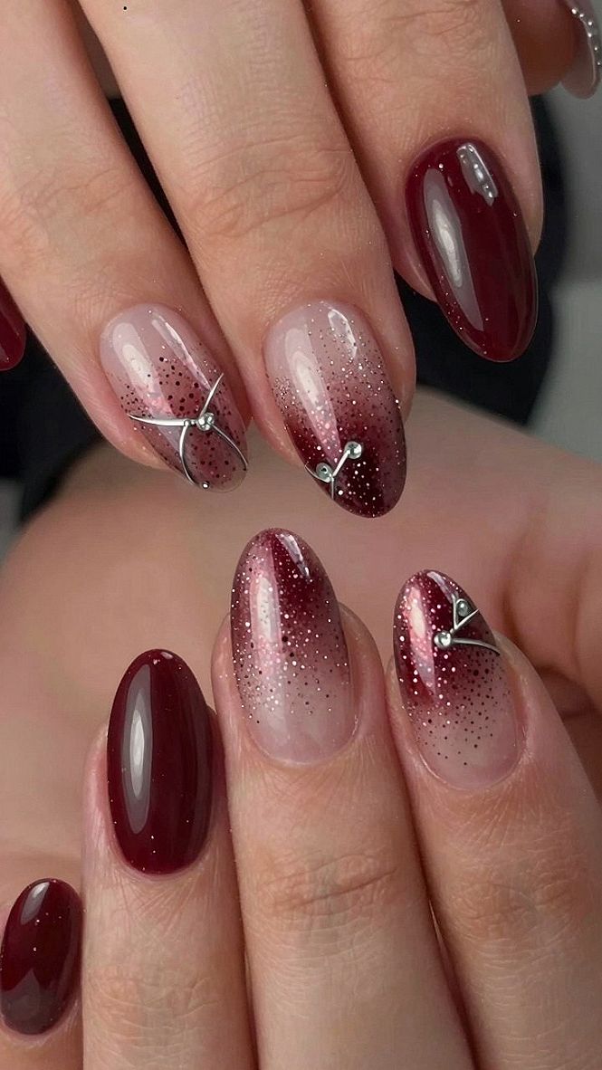Glitter Gradient Pedicure Accents with Silver Wire Art